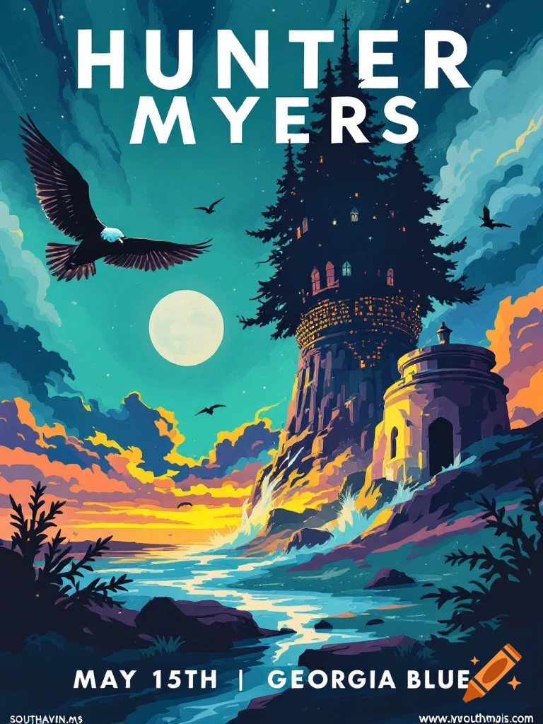 Poster for Hunter Myers show with eagle, tower, landscape, and date/venue text.
