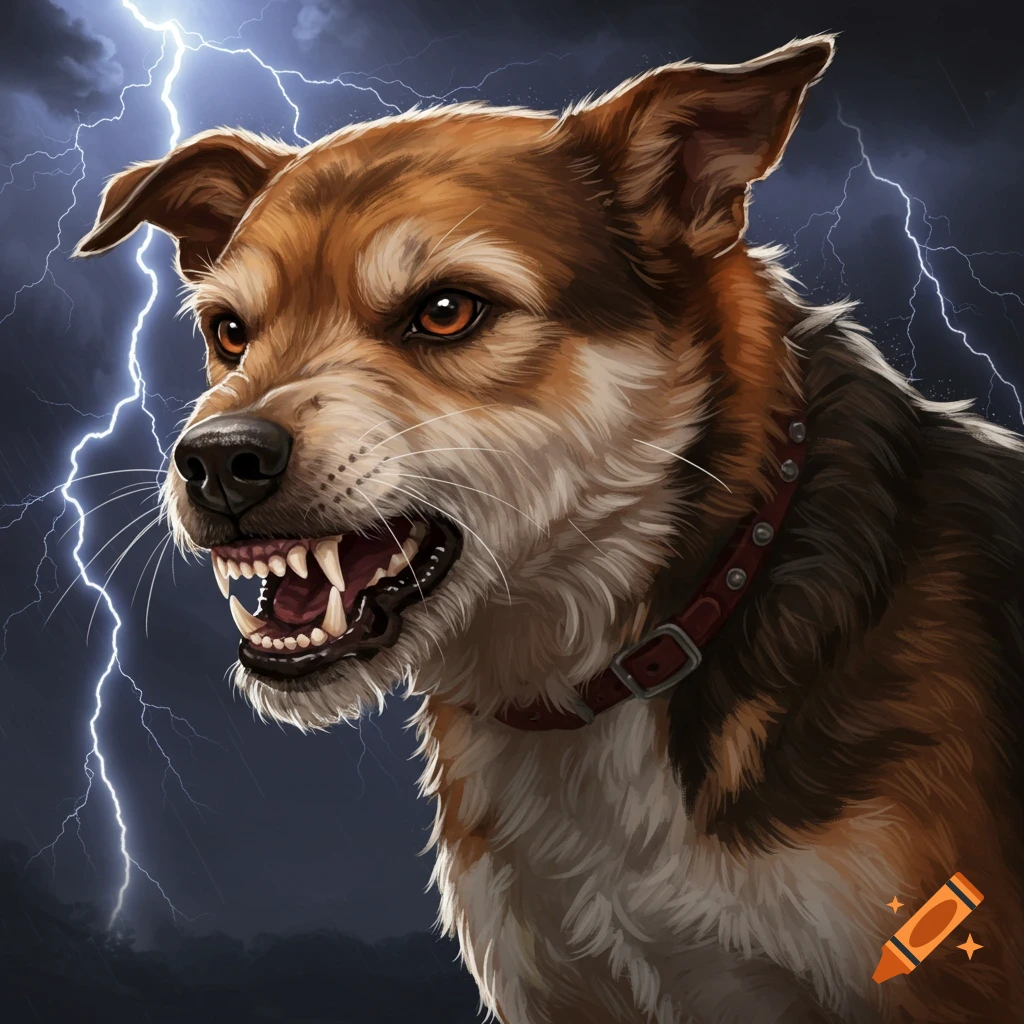 Illustration of an angry dog baring its teeth with lightning strikes in a stormy sky.