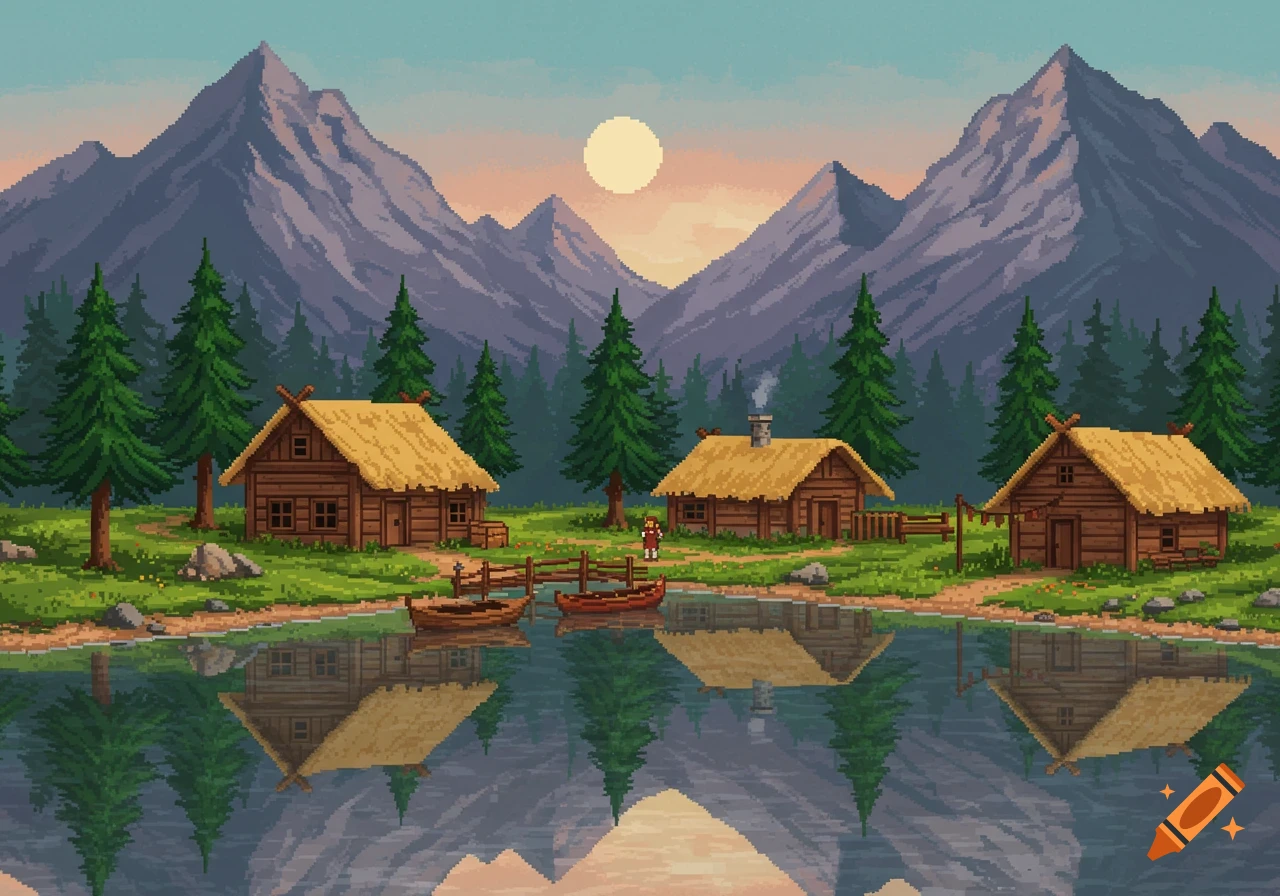 Pixel art village scene with log cabins by a lake reflecting mountains and sky at sunset.