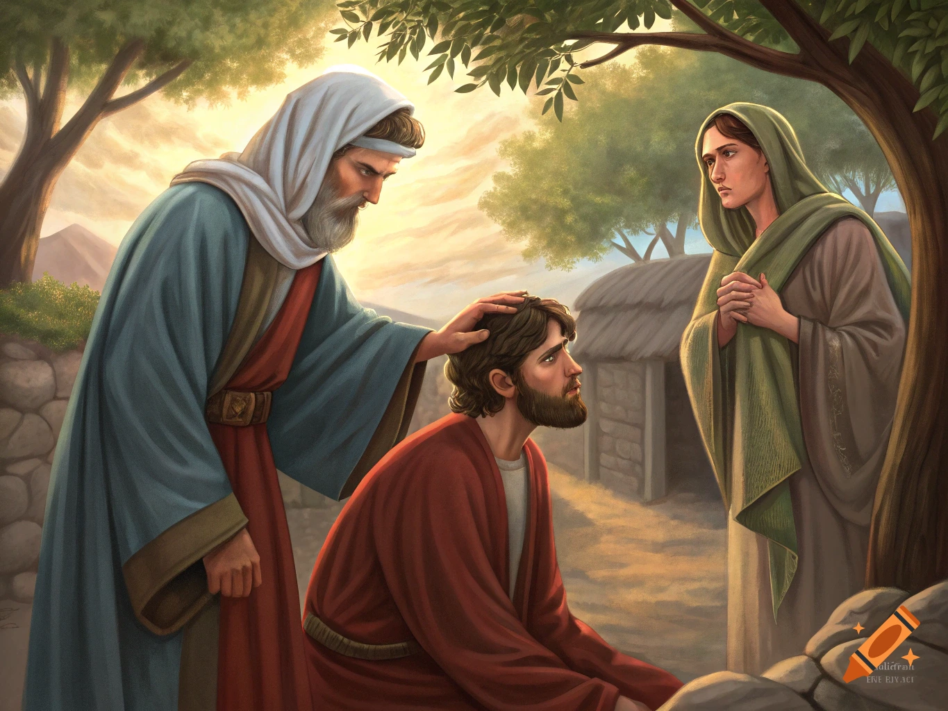 Three robed figures in an outdoor scene. An older figure places a hand on a kneeling young man's head as a woman watches.