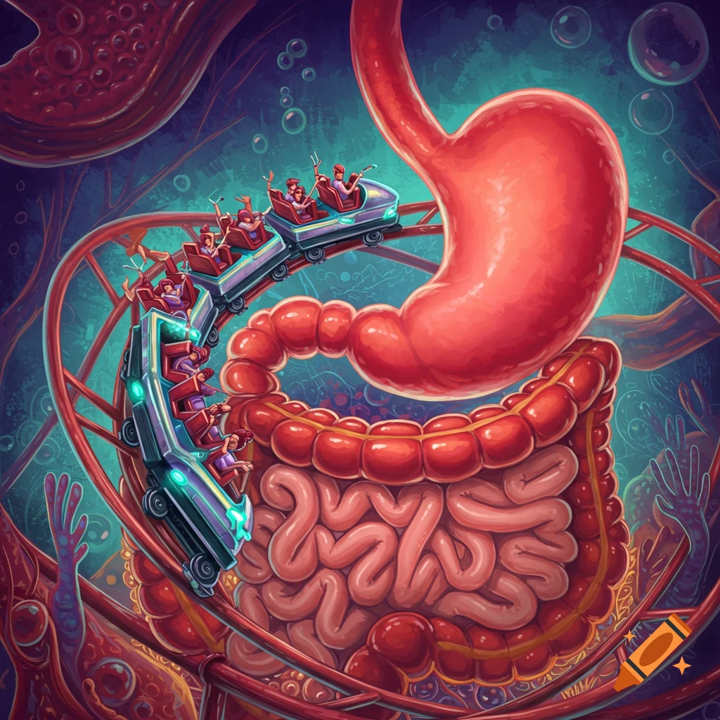 Illustration of a rollercoaster riding through internal organs like a stomach and intestines.