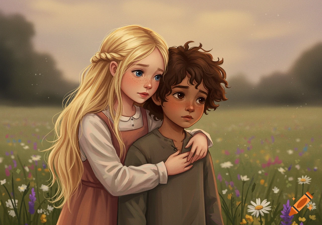 Stylized illustration of a blonde girl hugging a brown-haired boy in a field of flowers.
