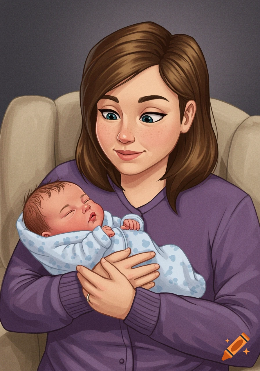 A woman with brown hair smiles down at a baby wrapped in a blue blanket, rendered in a stylized illustration.