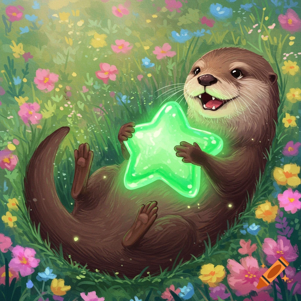 A cartoon otter lies on its back in a field of flowers, holding a glowing green star.