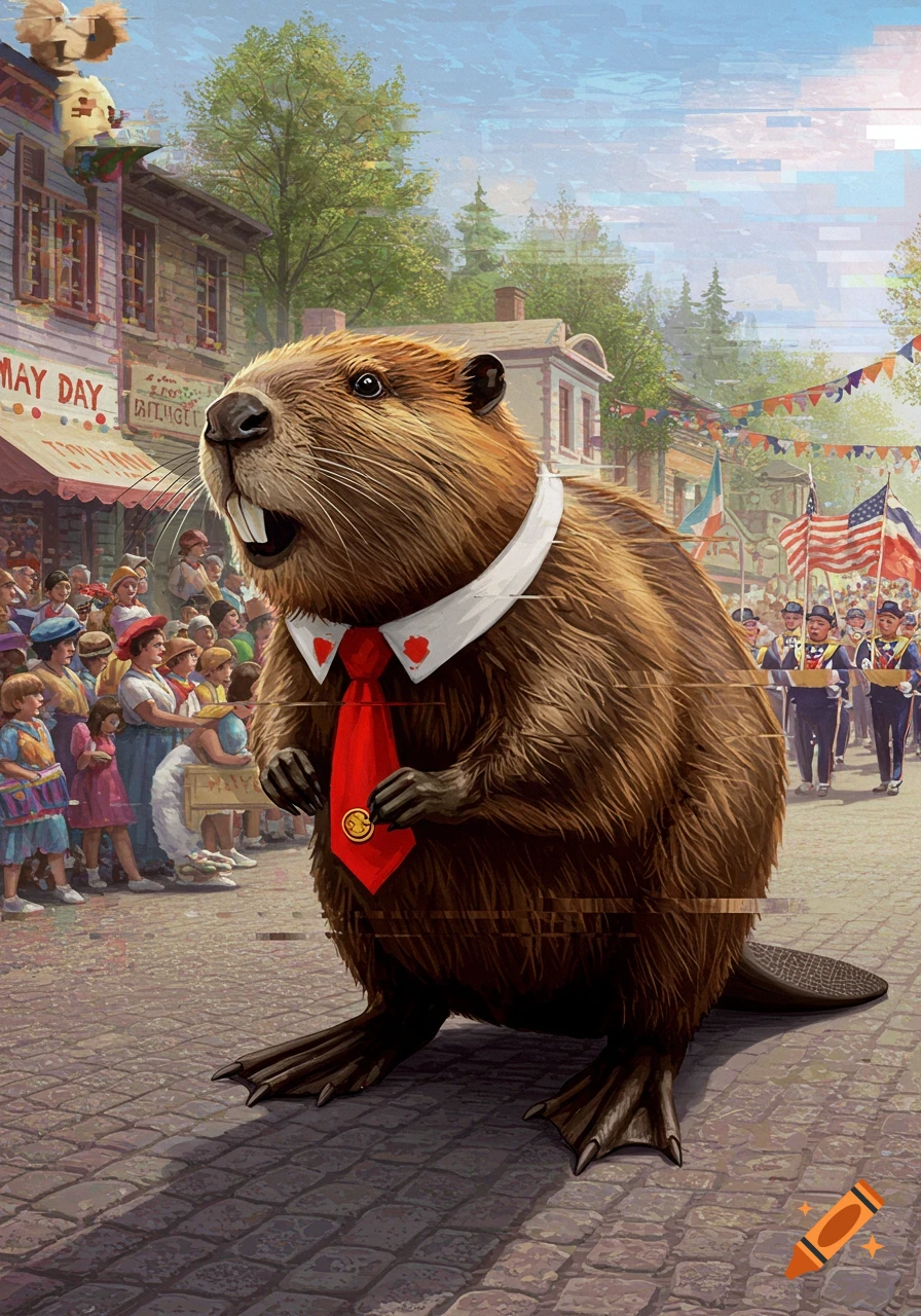 An illustration of a beaver in a red tie walking in a May Day parade with glitch effects.