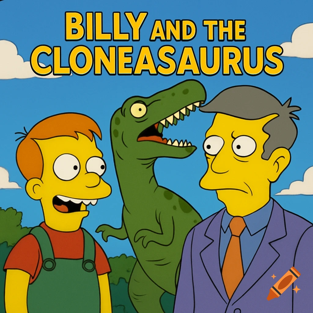 Simpsons style image of a boy, a dinosaur, and a man under the title 'BILLY AND THE CLONEASAURUS'.