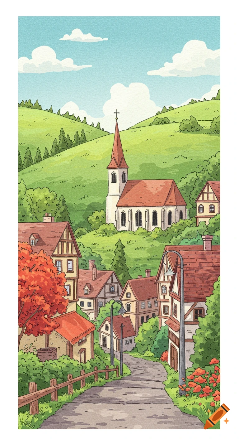 Watercolor illustration of a cute European village with a church on a green hill and a road in the foreground.