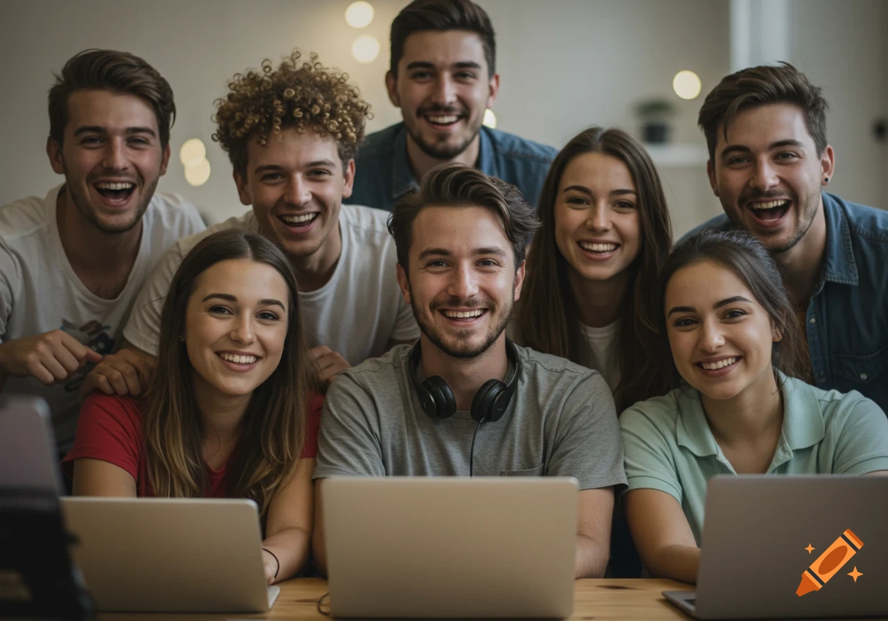 A group of diverse young people smiling and looking at laptops.