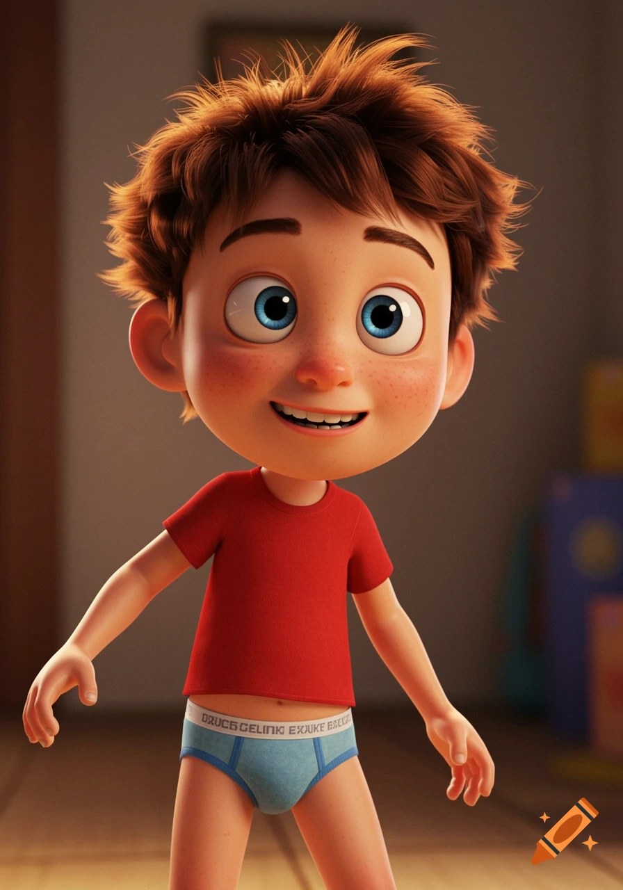 Animated boy with brown hair, blue eyes, red t-shirt, and blue briefs in Pixar style.