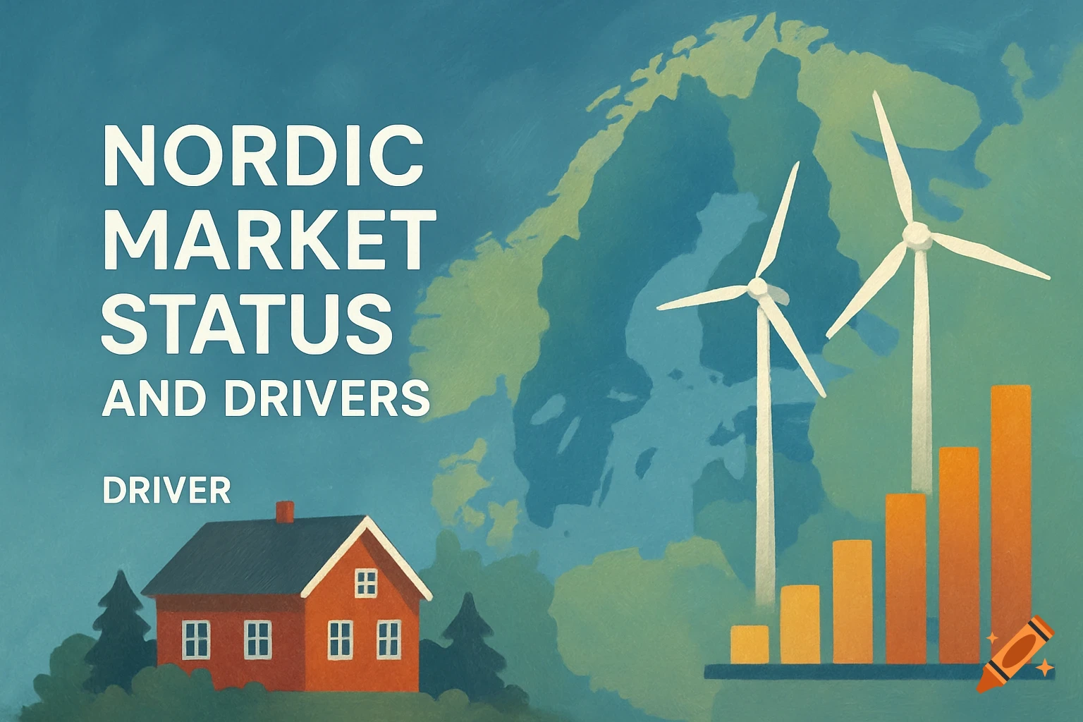 Illustrated Nordic market report title slide with map, wind turbines, graph, house, and text.
