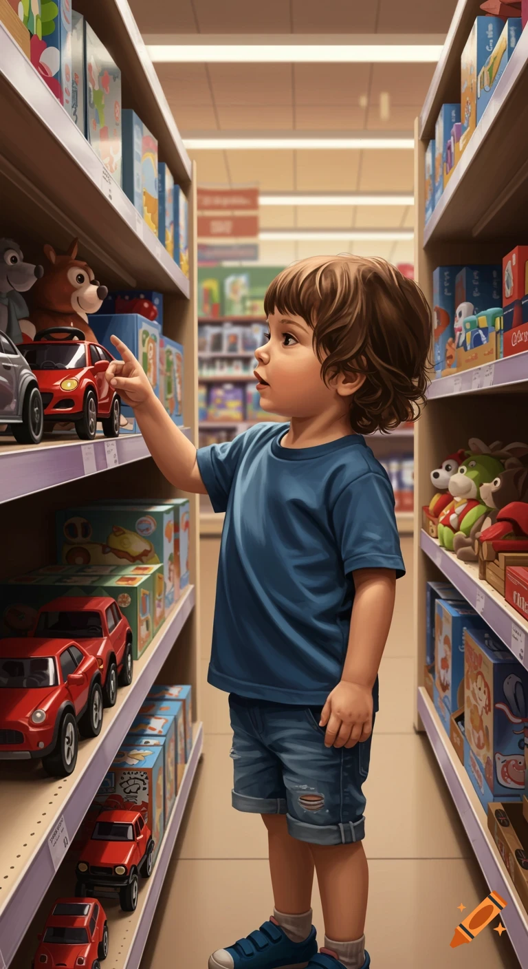 A young child reaches for a red toy car on a shelf in a brightly lit toy store aisle.