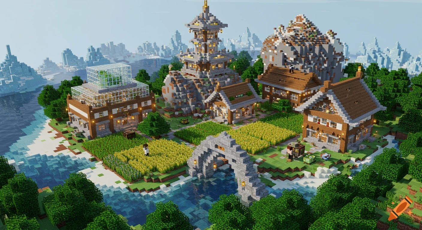 A detailed Minecraft village build with buildings, large wheat fields, and an archway over water.