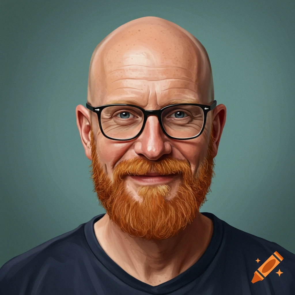Digital painting of a smiling bald man with a ginger beard and glasses.