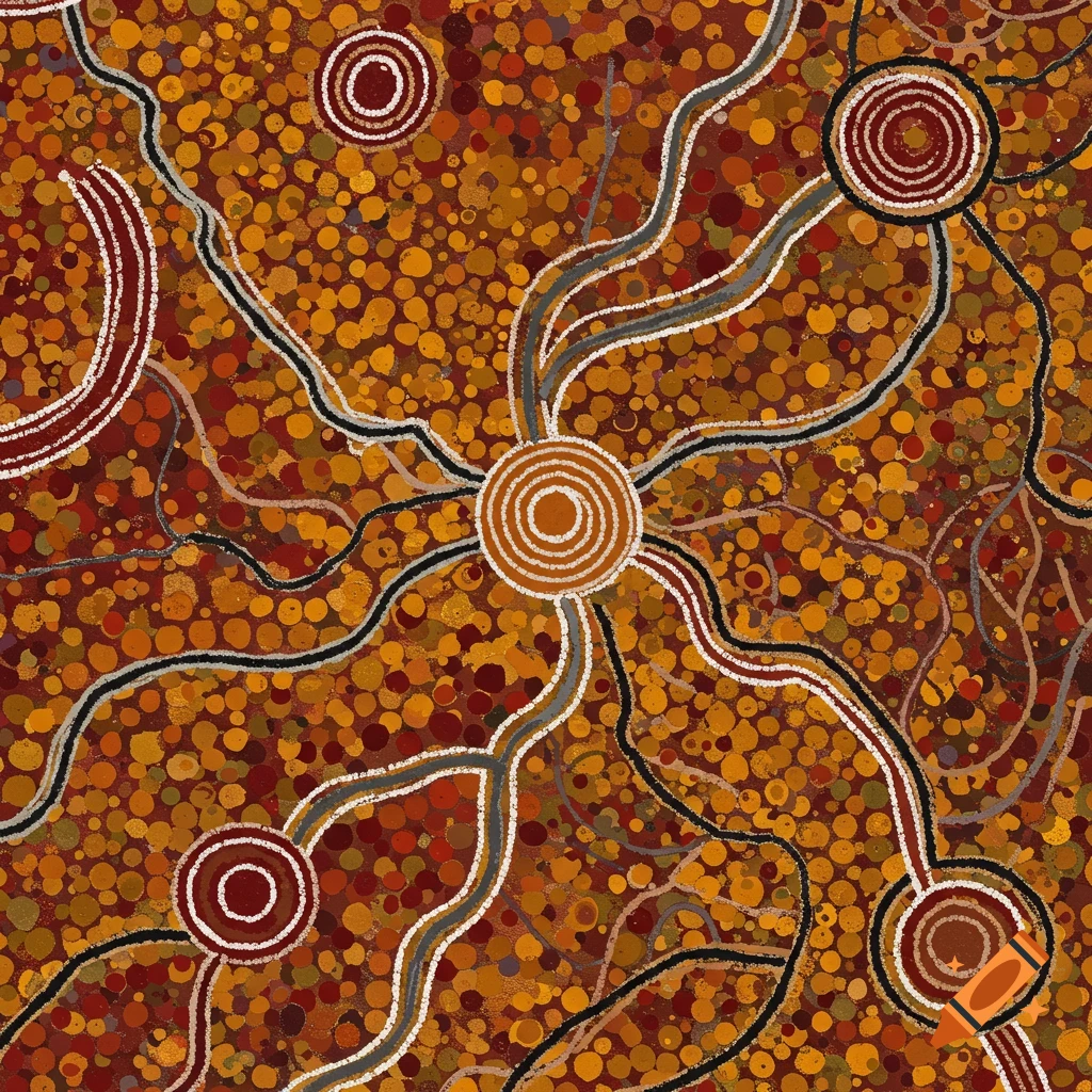 Abstract painting in Aboriginal dot painting style, with orange and red dots forming patterns with swirling lines and concentric circles in earthy tones.