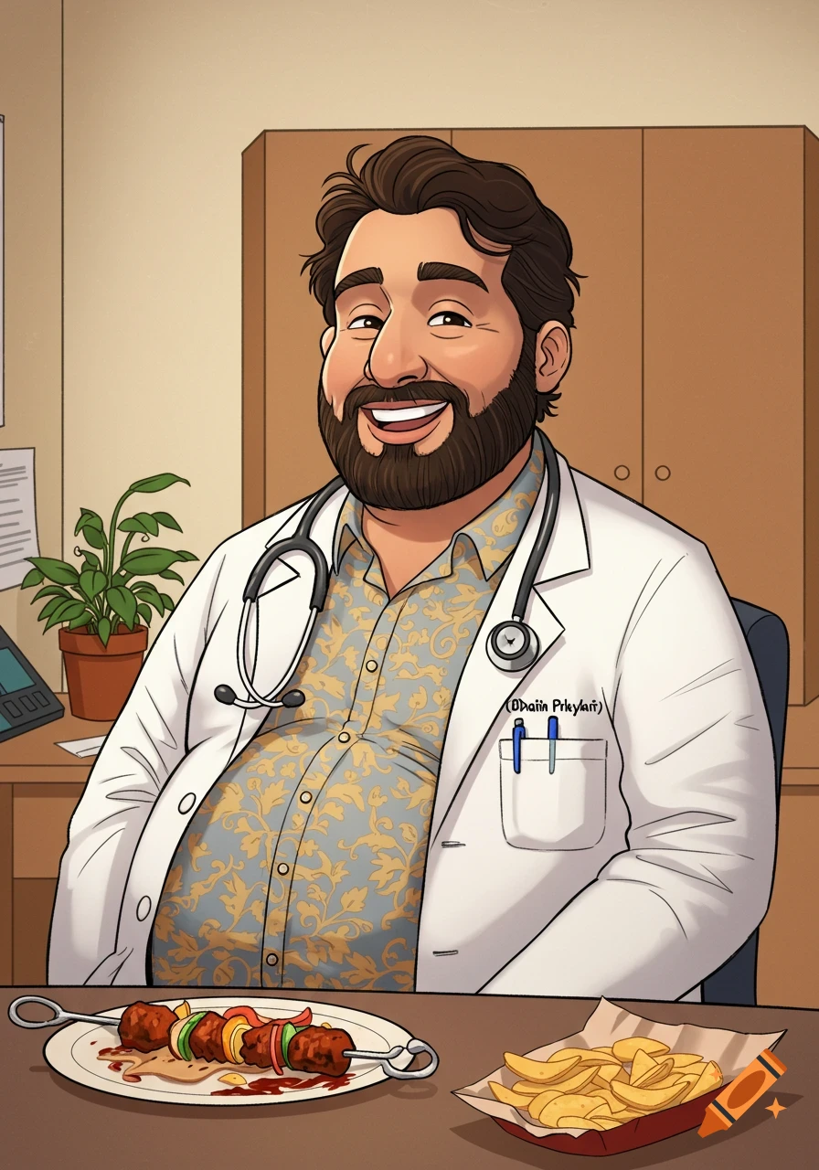 Cartoon illustration of a smiling overweight doctor with a beard sitting at a desk with kebabs and fries.
