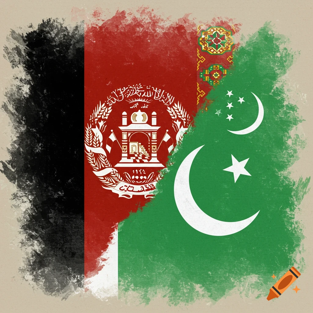 Composite flag with designs from Afghanistan, Pakistan, and Turkmenistan in a grunge style.