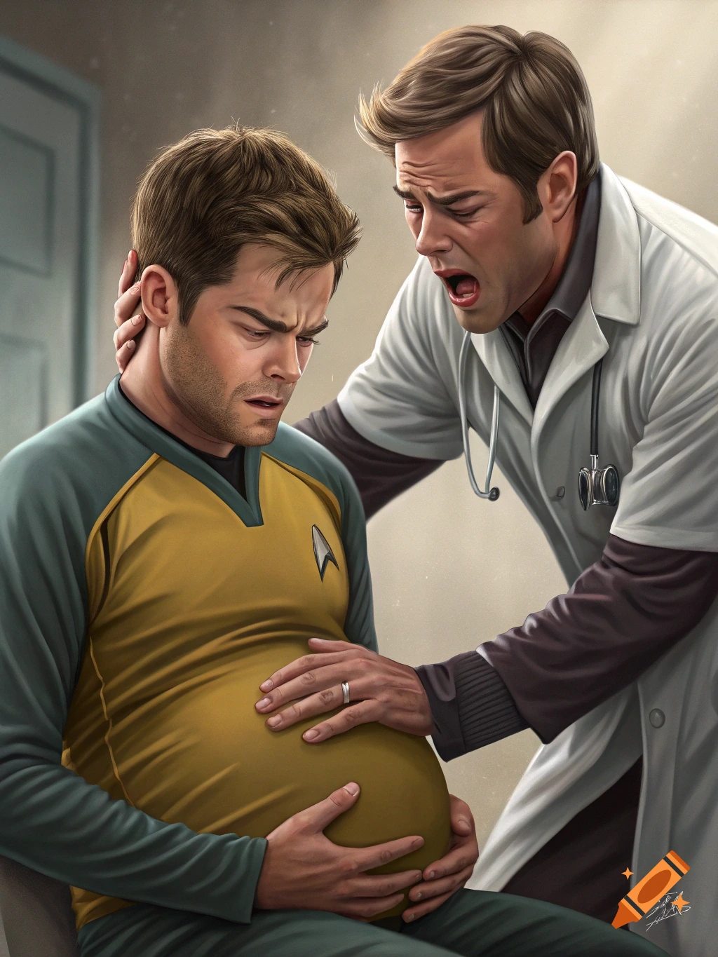 James T. Kirk in Starfleet uniform holds his pregnant belly while Dr. Leonard McCoy helps him during labor.
