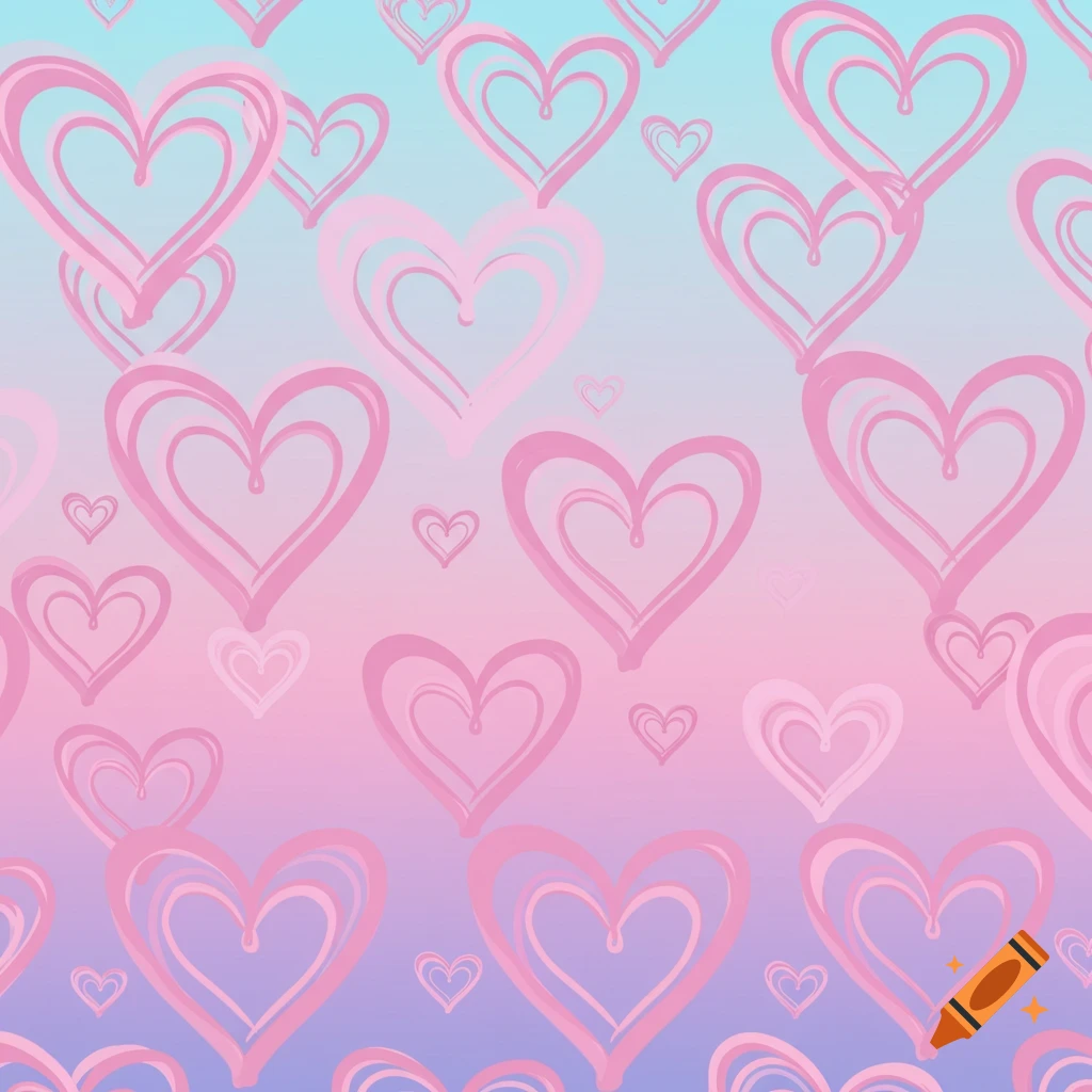 Pink heart pattern on a blue and pink gradient background.