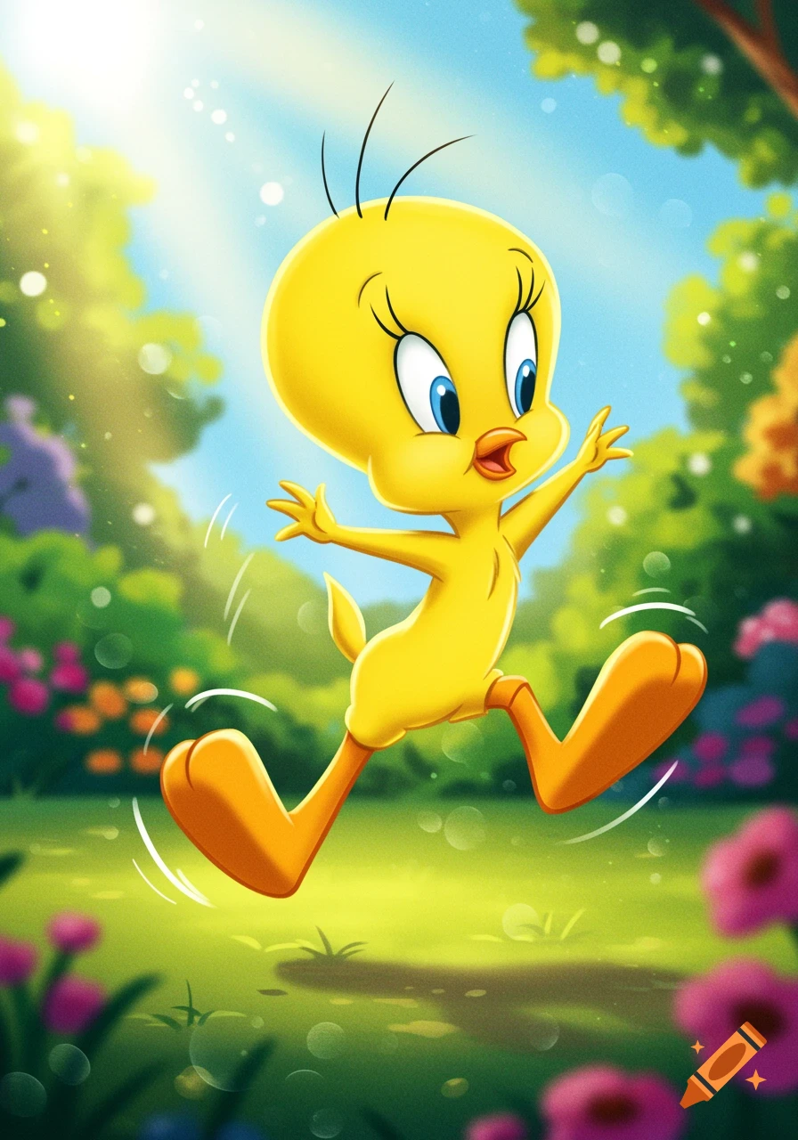 Tweety Bird dances happily in a sunny park.