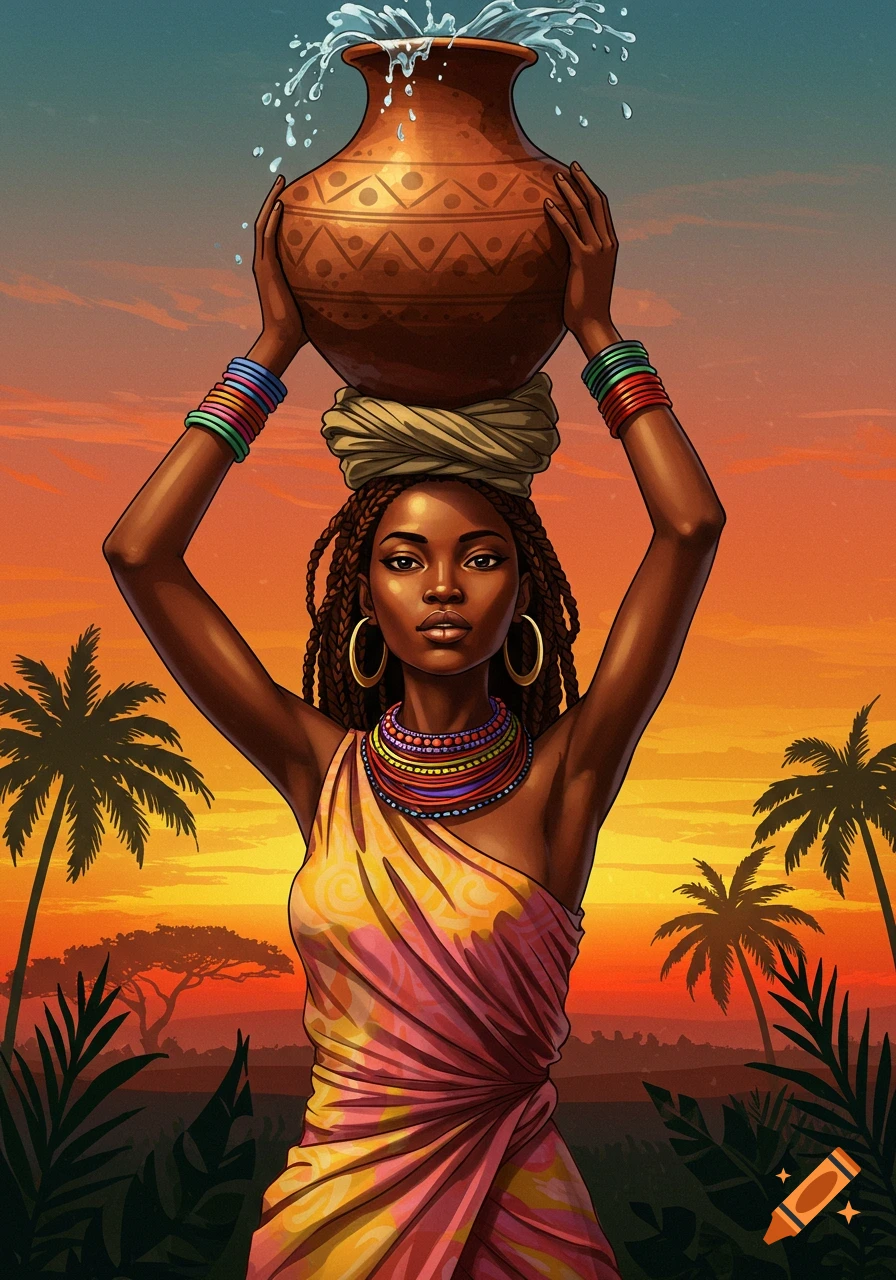 Illustration of an African woman carrying a pot of water on her head against a sunset.