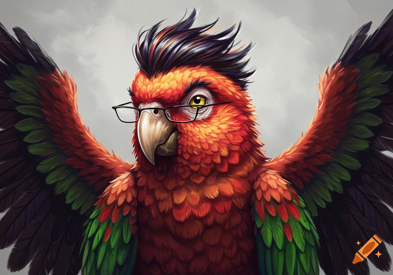 A digital painting of a vibrant parrot wearing glasses, looking forward with its wings spread slightly.