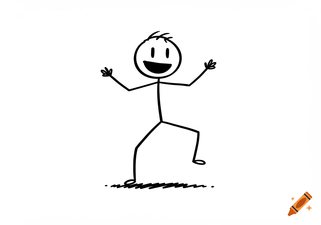 A black and white stick figure drawing of a happy person with raised arms.