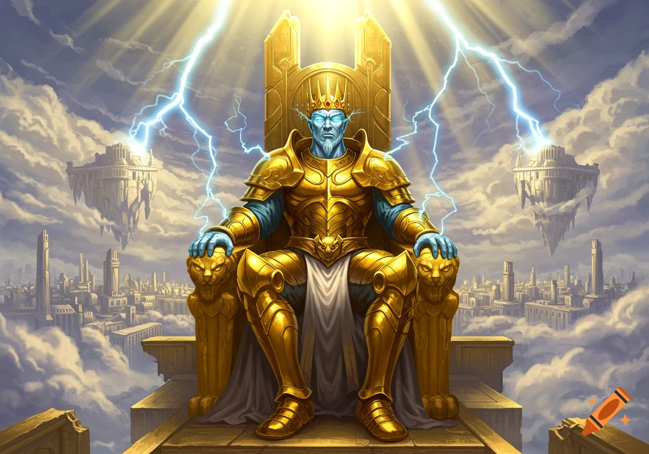 Fantasy king on a golden throne with lightning over a city in the clouds.
