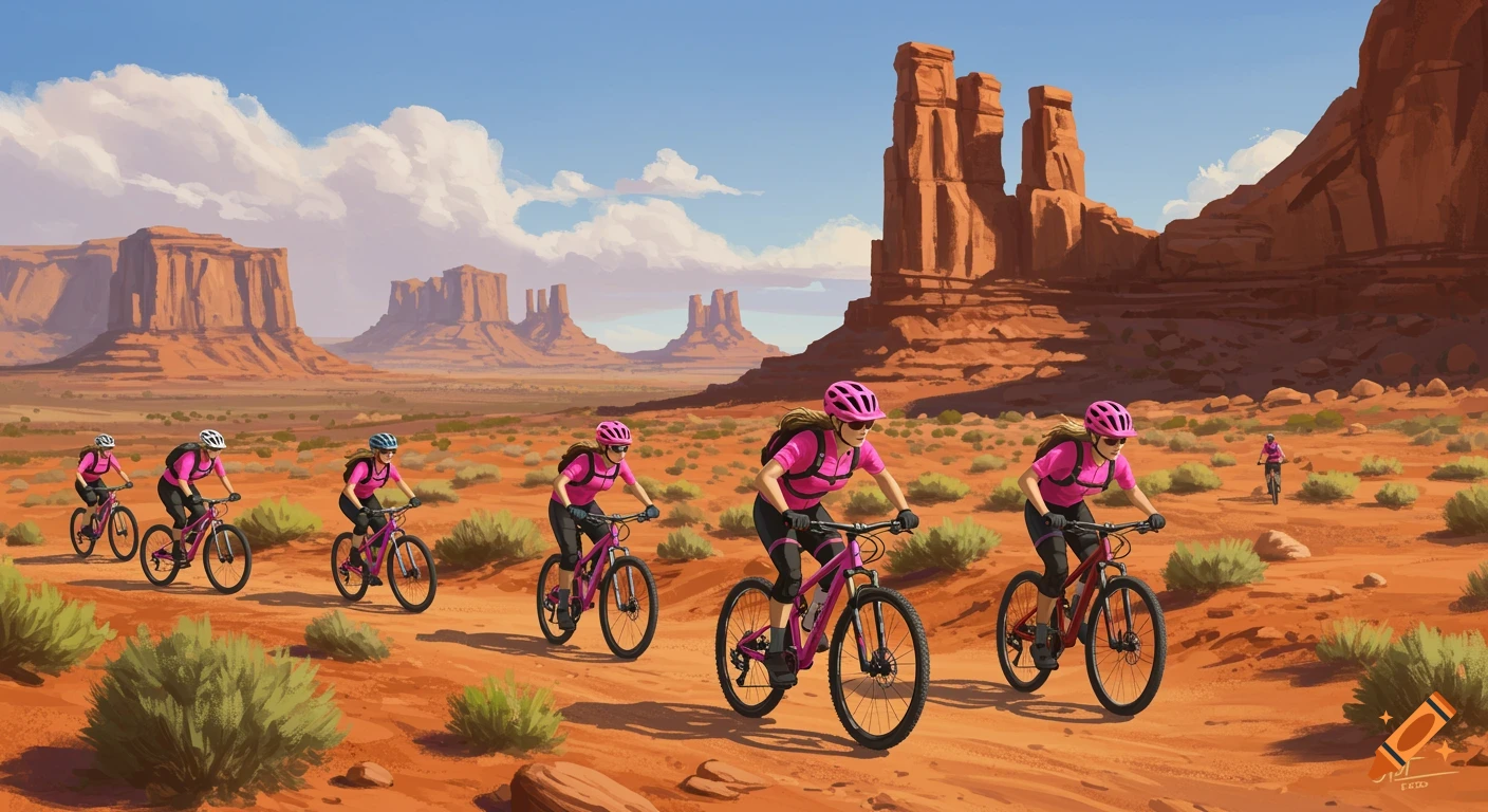 Women mountain biking in a desert landscape with large rock formations