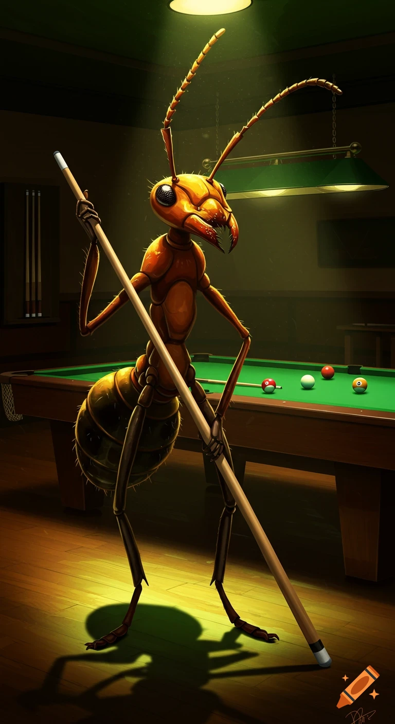 Illustrative image of an ant holding a pool stick beside a pool table.
