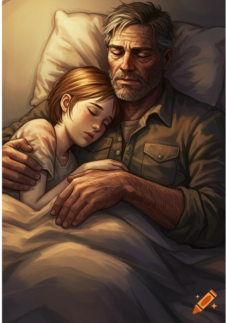 Digital painting of a man and a young girl sleeping peacefully in bed, the man holding the girl close.