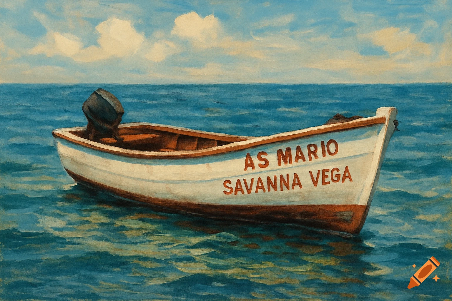 An oil painting of a white boat named AS MARIO SAVANNA VEGA floating on the blue sea under a cloudy sky.