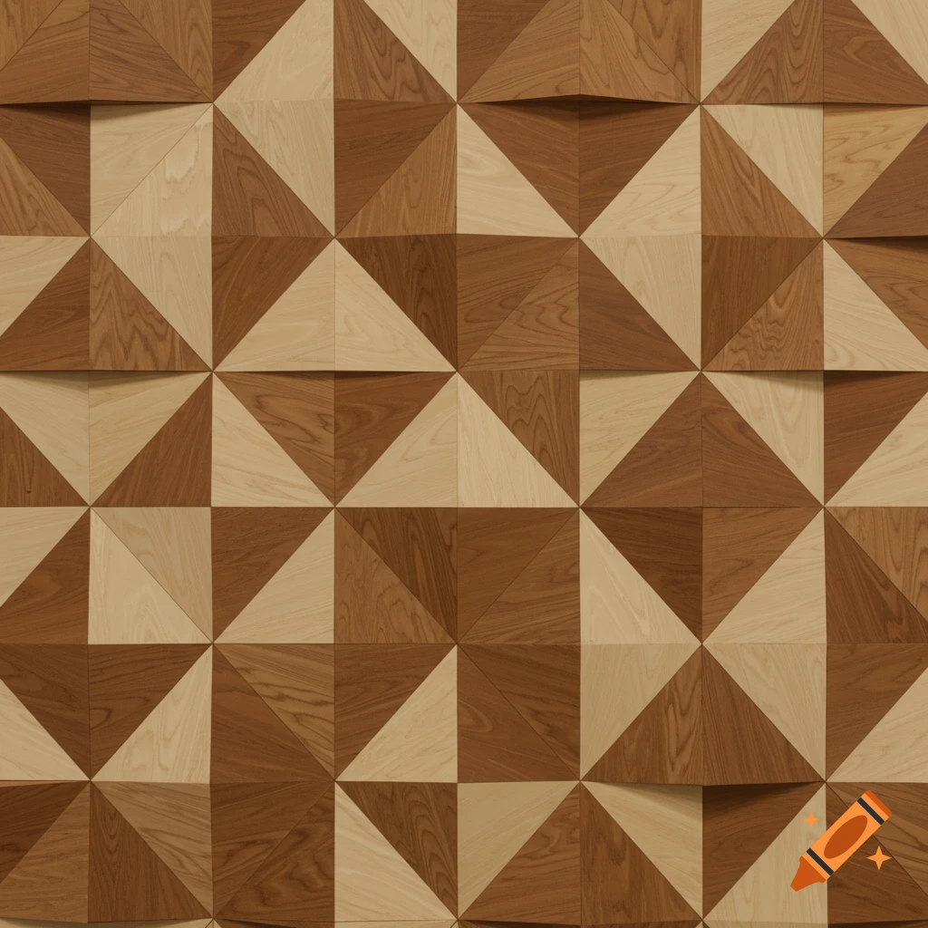 Geometric tessellated pattern of contrasting light and dark wood triangles with a high gloss finish.