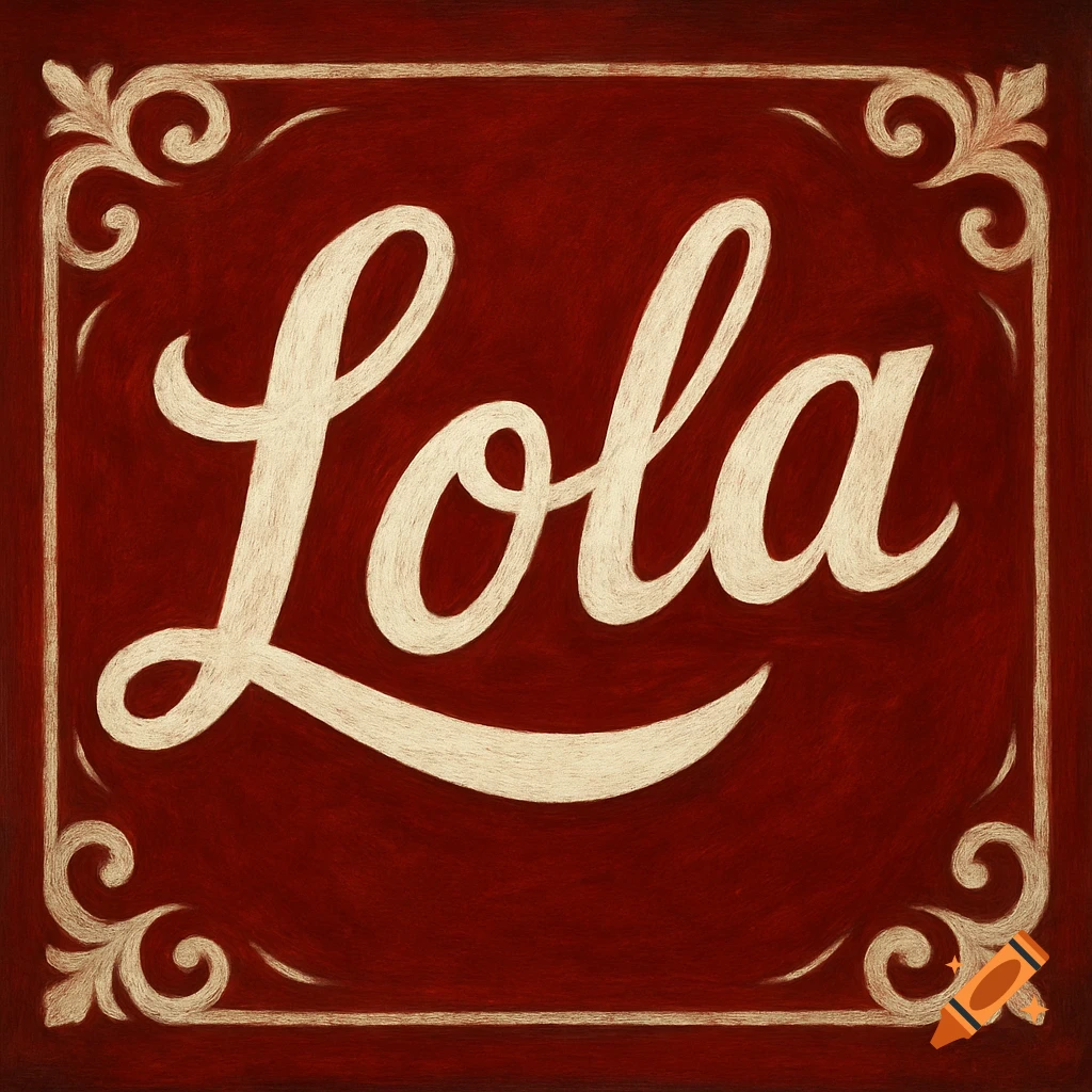 The name Lola in script lettering on a textured red background with decorative corners, drawing style.