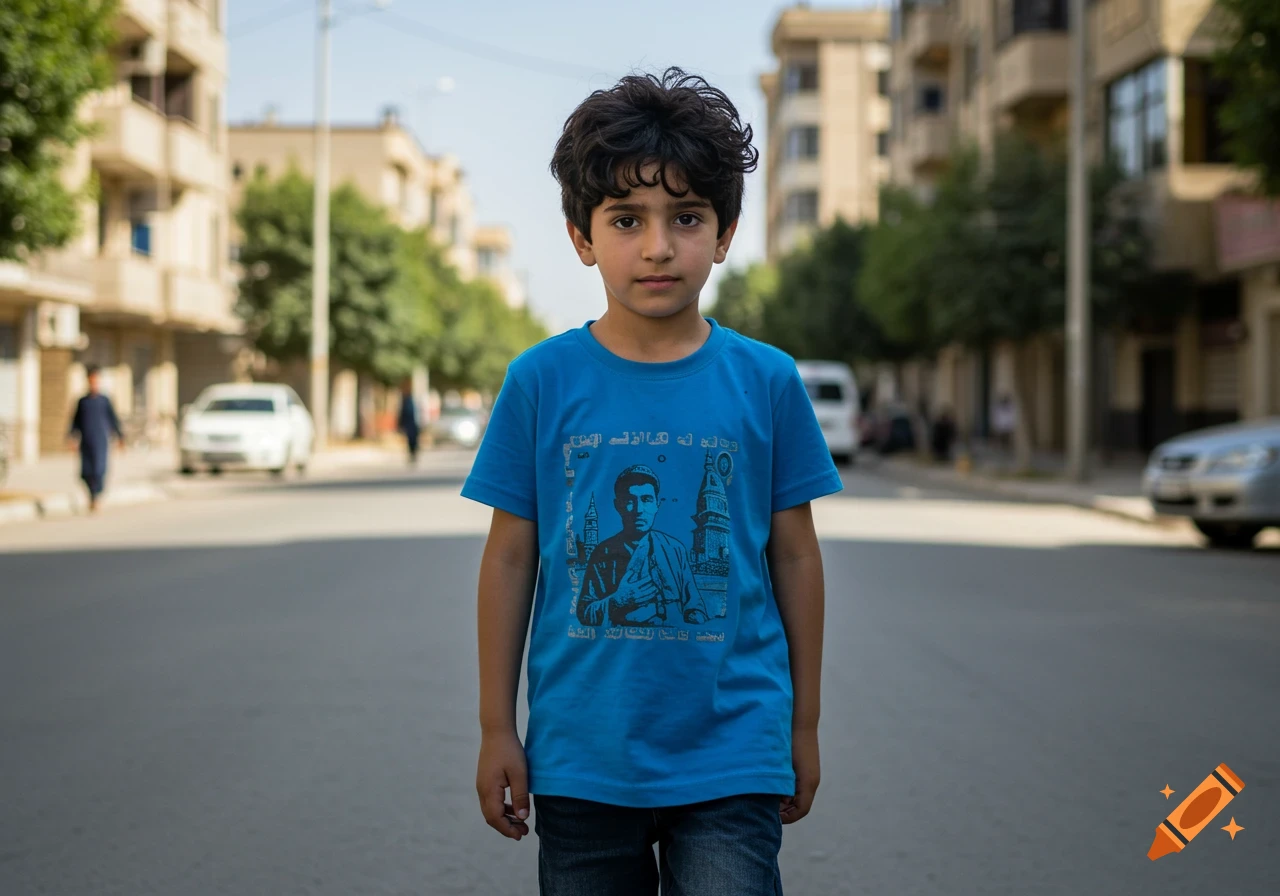 A boy stands in a city street.