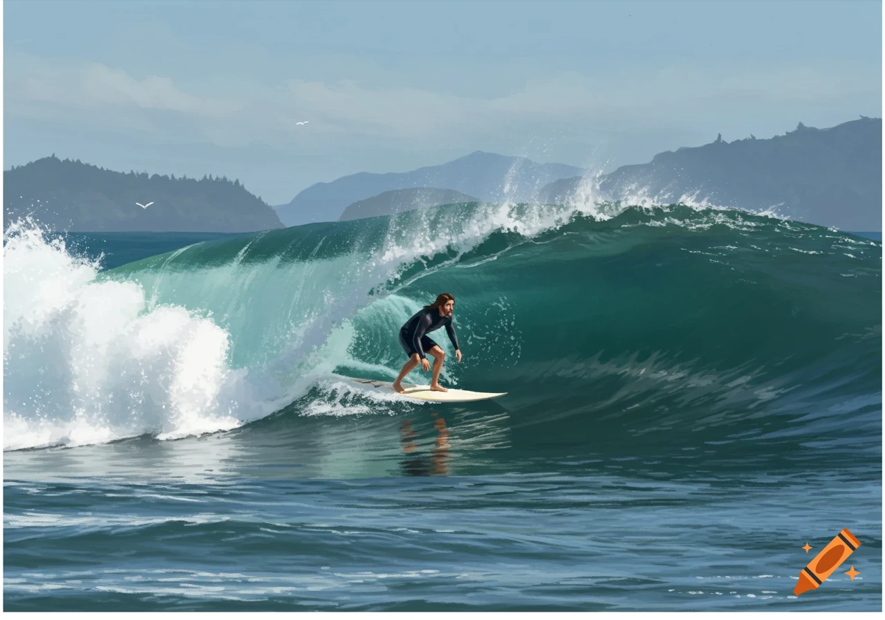 Illustration of a man surfing a large green wave