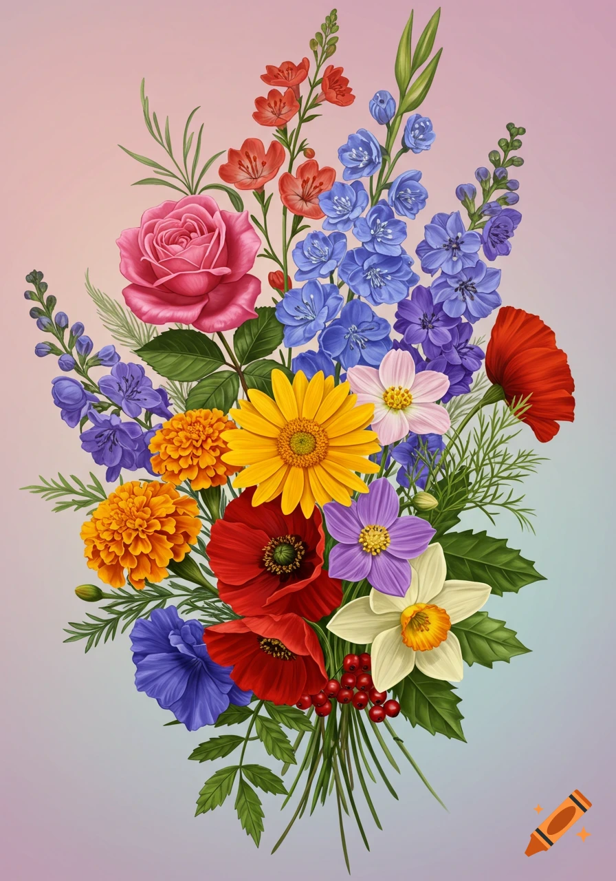 A vibrant bouquet featuring roses, poppies, marigolds, blue and purple delphinium-like flowers, and white narcissus.
