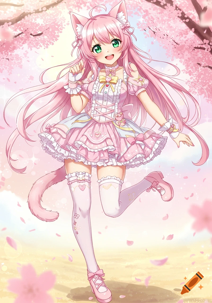 Anime cat girl in a pink dress standing among cherry blossoms.