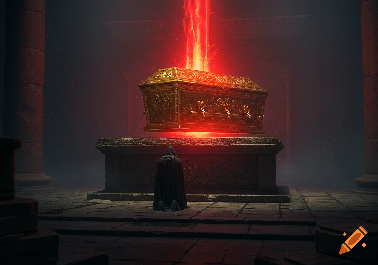 Cloaked figure kneels before a glowing golden coffin on an altar in a dark room.