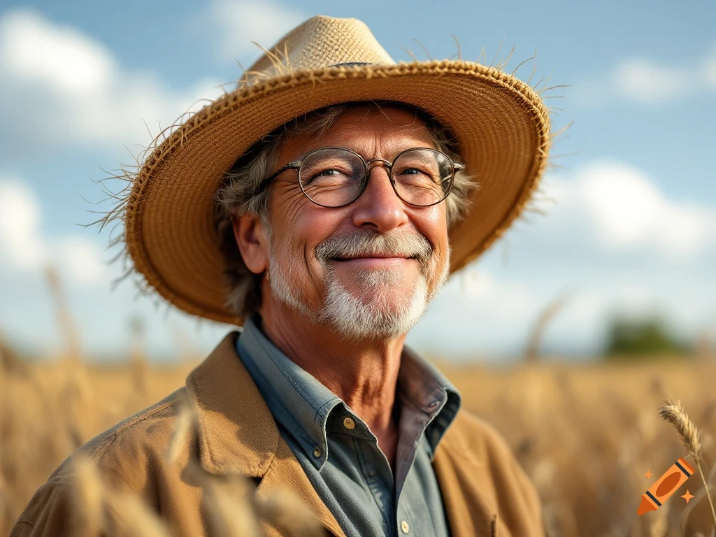 A smiling older man in a straw hat and glasses stands in a field of wheat.