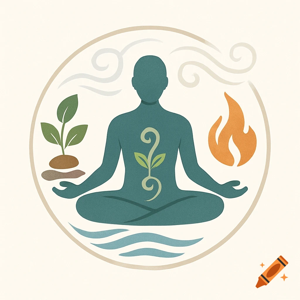 Stylized illustration of a meditating figure encircled by symbols for earth, water, fire, and air.