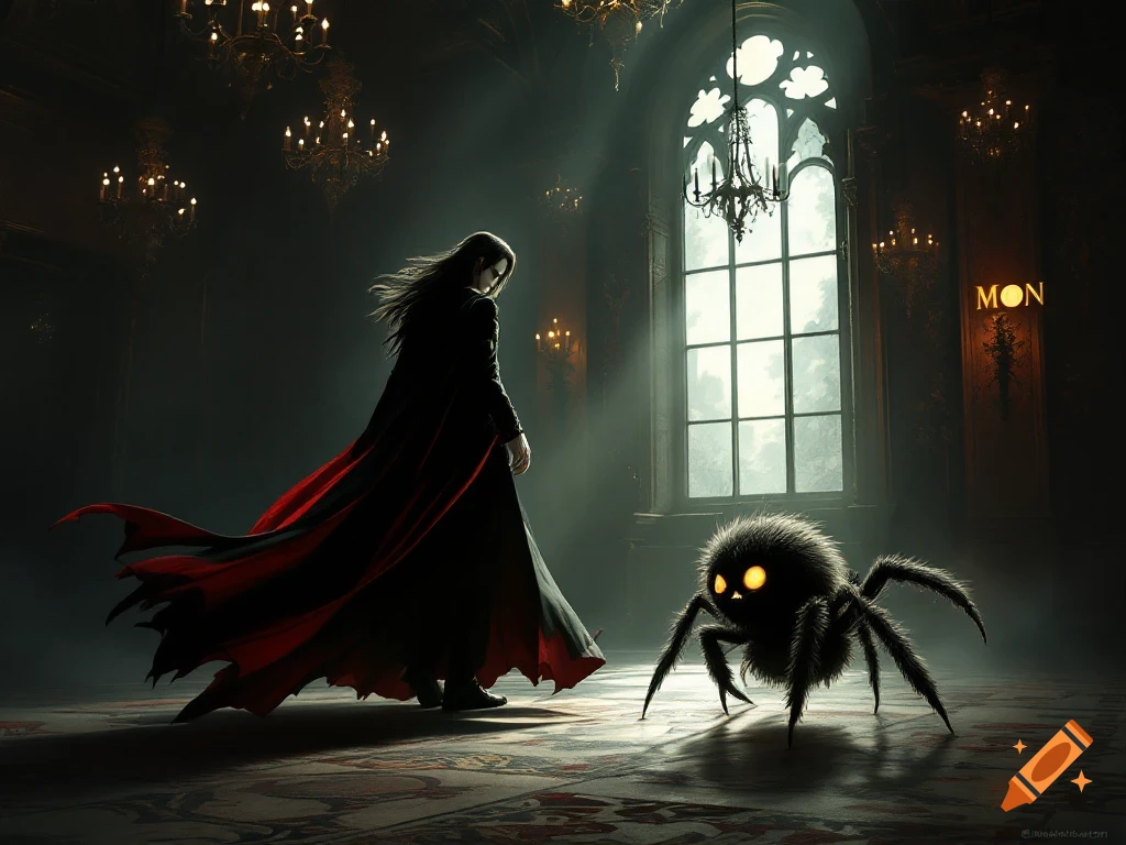 Vampire with flowing cape faces a fluffy spider in a dark gothic ballroom with chandeliers.