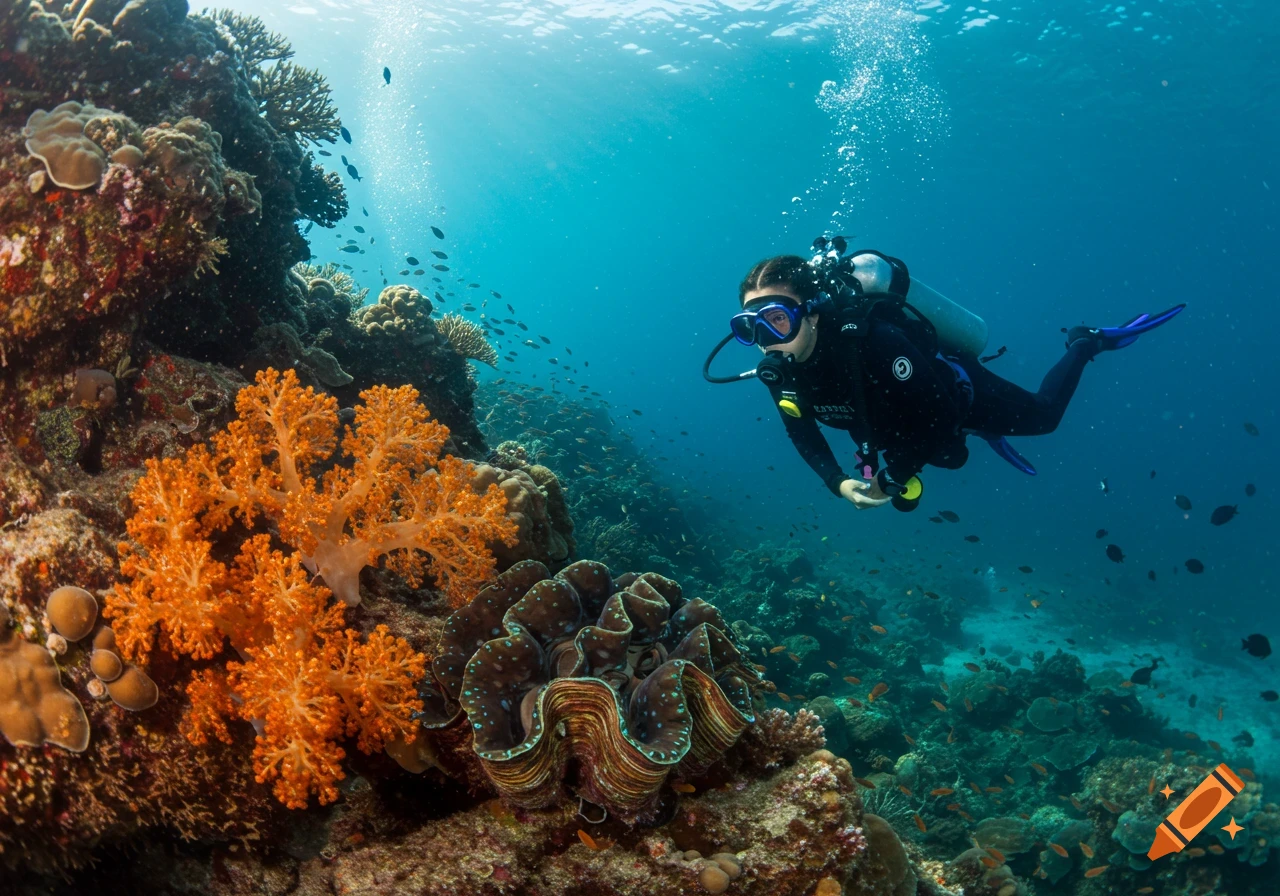 A diver explores a vibrant coral reef underwater.