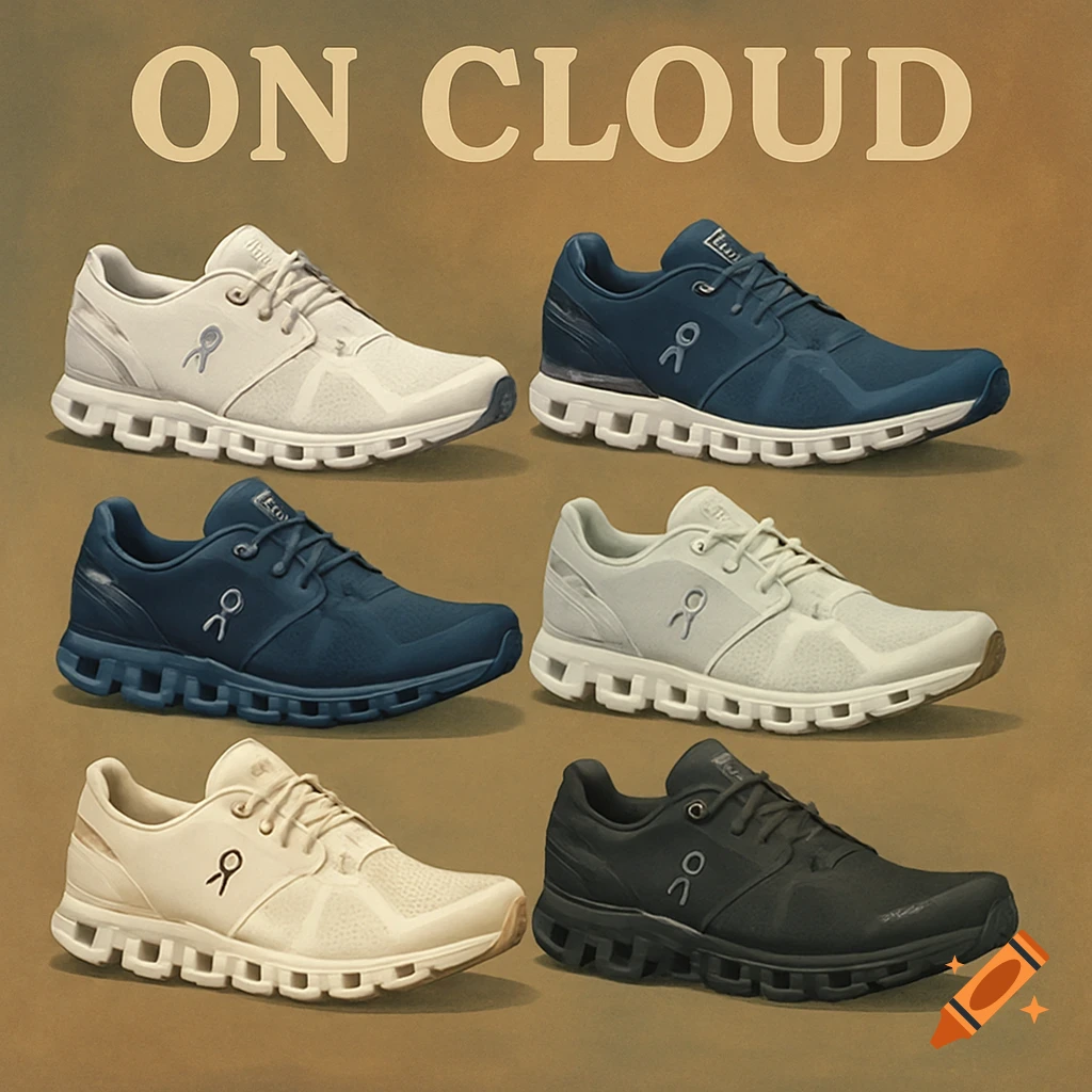Six pairs of On Cloud running shoes in white, navy, black, and cream colors.