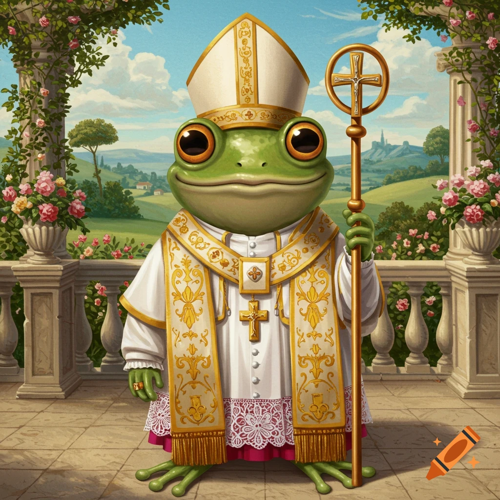 A cute frog dressed as a pope holds a staff in a garden setting.