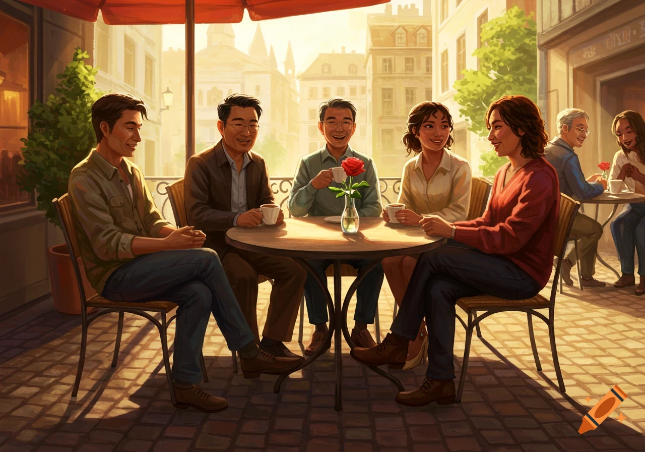 People sit at outdoor cafe tables in a city, drinking coffee and chatting with a rose on a table.