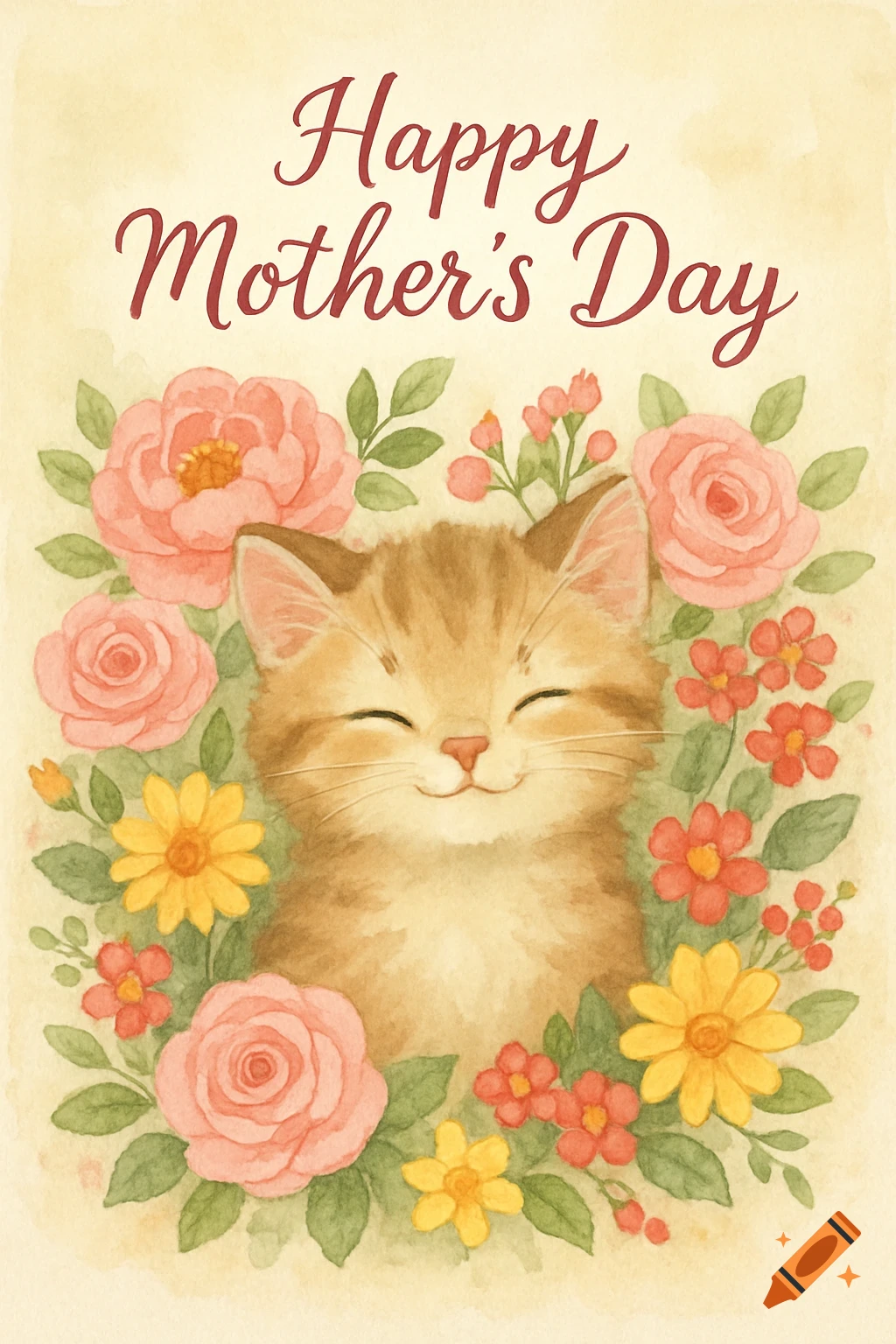Watercolor illustration of a smiling kitten surrounded by pink and yellow flowers with text 'Happy Mother's Day'