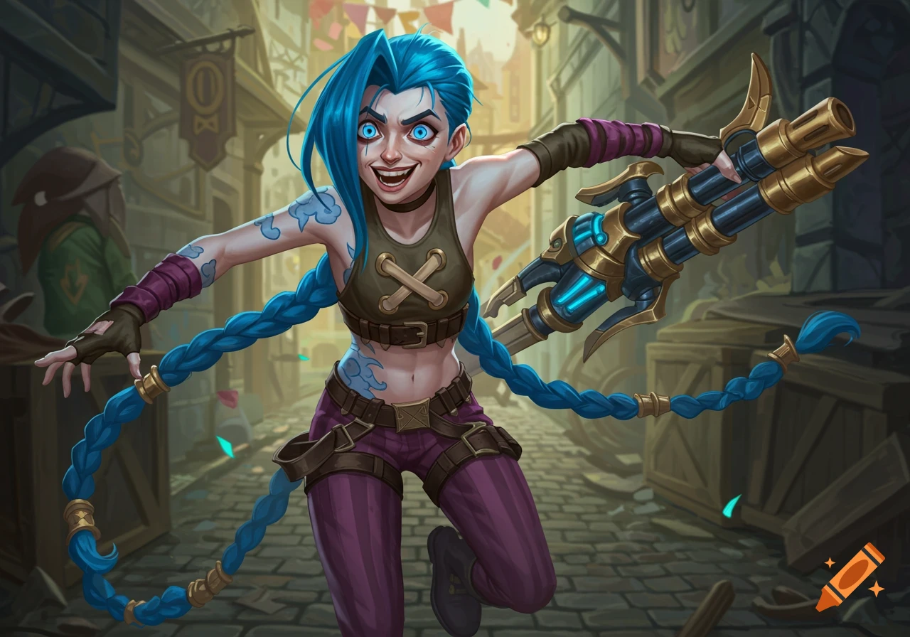 Jinx from League of Legends with blue pigtails runs down a city street holding a large gun, in the Arcane art style.