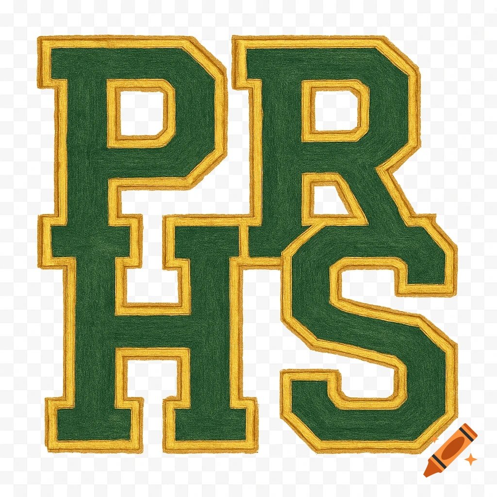 Overlapping varsity letters PRHS in green and gold with texture.