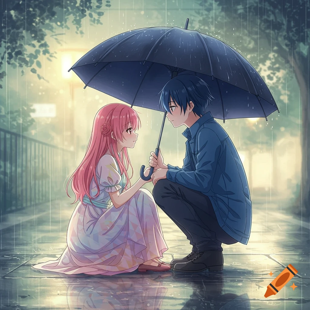 Anime couple shares an umbrella in the rain, looking at each other.