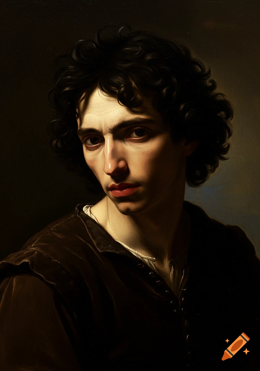A dark, dramatic portrait of a man with curly hair in the style of a Baroque painting.